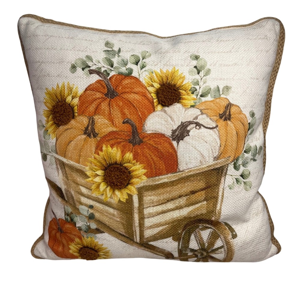 Fall Harvest Pumpkin Sunflower Wheelbarrow Throw Pillow Autumn Decor 19x19